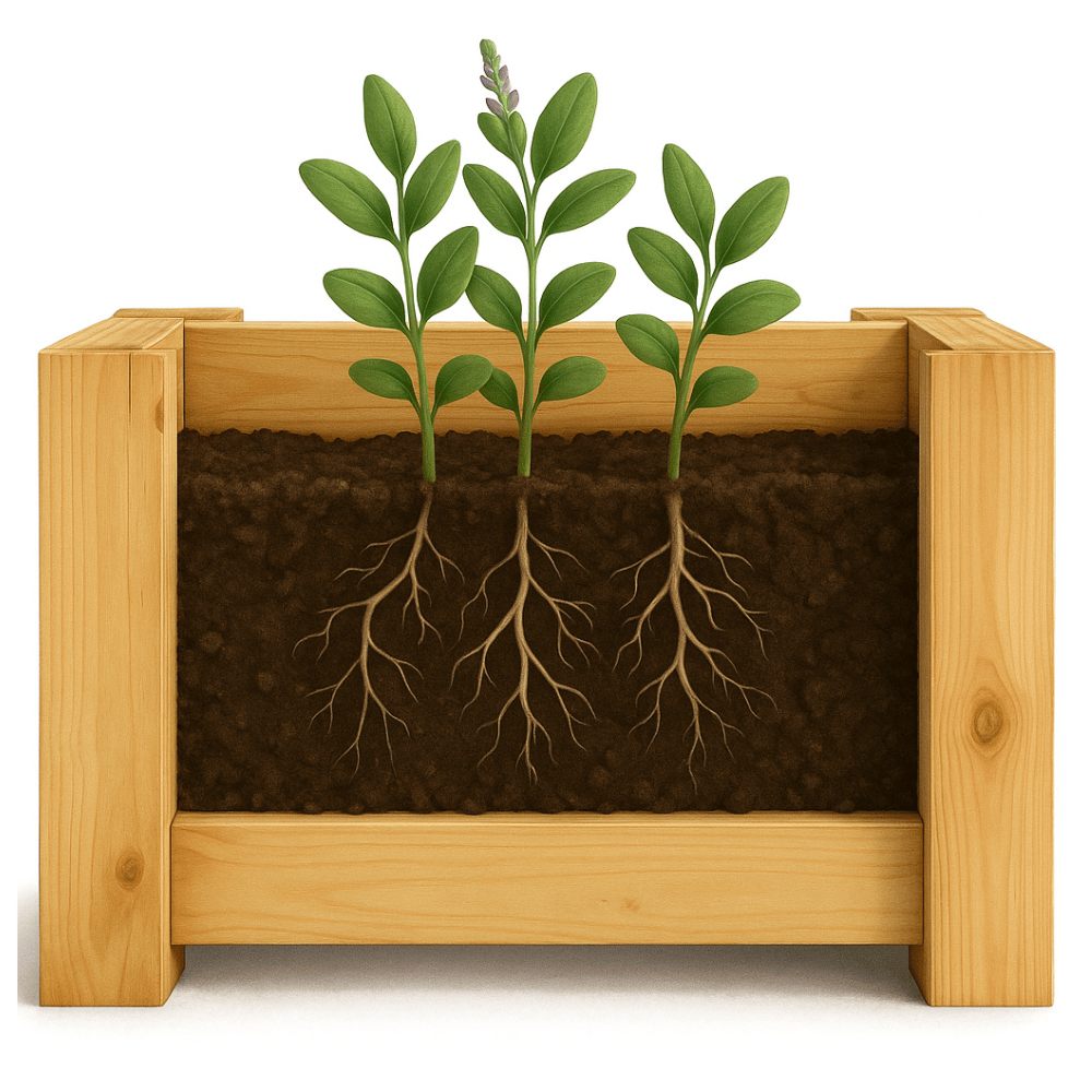 Donica przekrój poprzeczny grafika ukazująca wnętrze donicy ziemię oraz korzenie rośliny